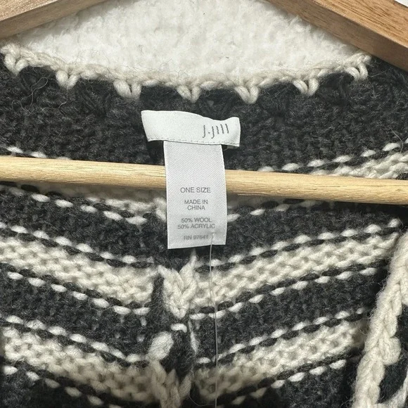 J. Jill Black & White Knit Poncho V-neck w/ Tassel Ties & Geometric Patterns NWT - Picture 4 of 11